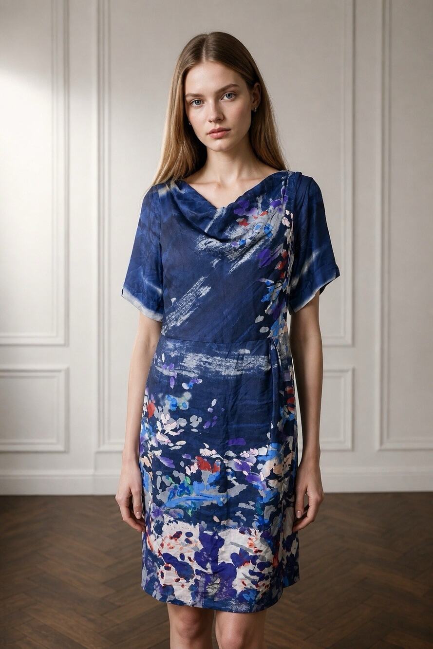 Anthropologie Coquille Women's 100% Silk Blue Japonica Watercolor Sheath Dress 8
